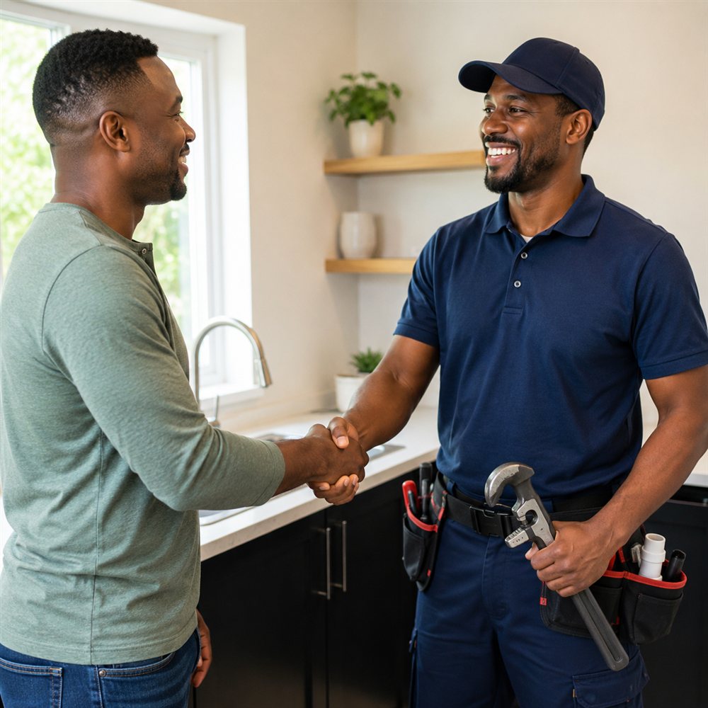 A client and a verified Pro shaking hands in the client's kitchen